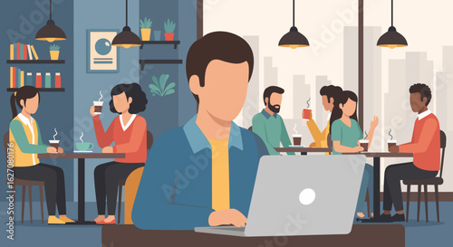 Man focused on laptop in a lively cafe. Represents remote work, digital lifestyle, and casual business meetings in a modern shared space.