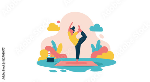 Woman practicing yoga outdoors, achieving balance and mindfulness. Perfect for health, wellness, and lifestyle content.