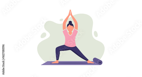 Woman practicing yoga on a mat, demonstrating a peaceful warrior pose for fitness, mindfulness, and healthy lifestyle concepts. Ideal for wellness and exercise themes.