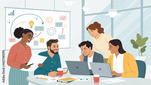 Diverse team of professionals collaborating in a modern office, discussing ideas and planning strategies for business growth and success.