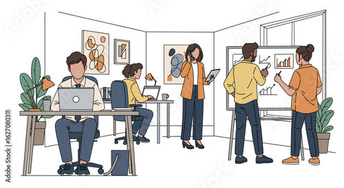 Diverse team collaborating and working diligently in a modern office, depicting business productivity, teamwork, and professional environment.