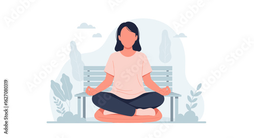 Woman meditating peacefully in a natural setting, embodying mindfulness, balance, and wellness. Ideal for health and lifestyle concepts.