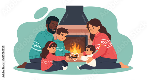 Happy diverse family sharing warmth and love by a cozy fireplace. Illustrates togetherness, comfort, and care, perfect for home, lifestyle, or holiday themes.