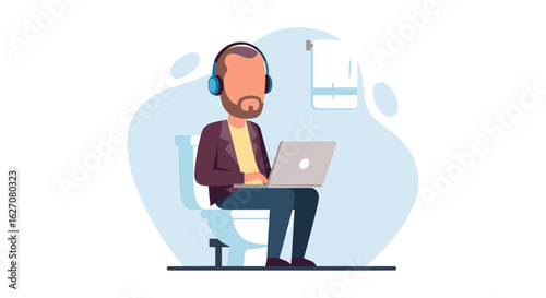 Man with headphones works on laptop while in the bathroom, symbolizing remote work flexibility and modern work-life integration.