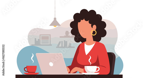 Productive woman working remotely on laptop with coffee cups, illustrating modern business, freelance, and online education concepts.