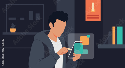 Person using a tablet with interactive digital overlays in a modern home or office setting, depicting digital lifestyle, productivity, and technology.