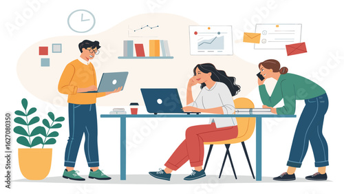 Modern business team collaborating in a dynamic office environment, demonstrating teamwork, productivity, and successful partnership.