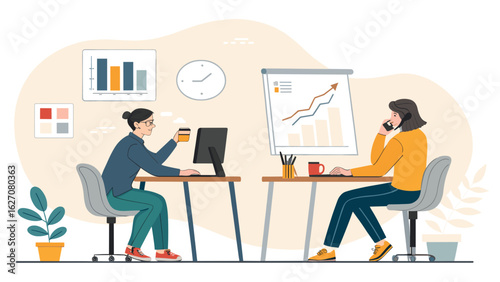 Two professional women collaborate and work productively in a modern office. Symbolizes business growth, teamwork, and effective communication.