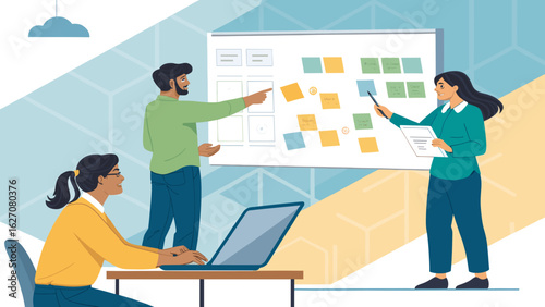 Diverse team collaborating on a business project, strategizing with sticky notes on a whiteboard and using a laptop for productivity. Concept of modern teamwork.