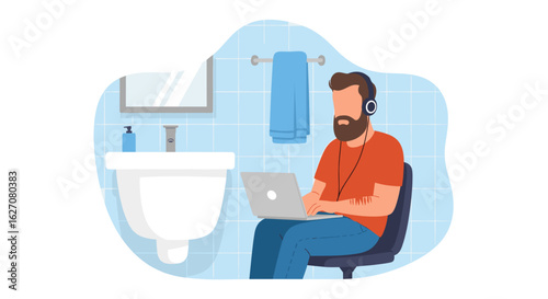 A man in headphones works on a laptop from a bathroom, symbolizing flexible remote work, concentration, or finding a quiet space.