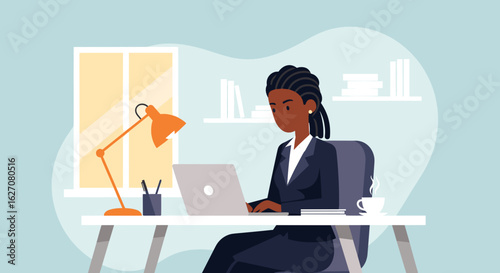 Professional Black businesswoman diligently working on her laptop at a modern home office desk. Ideal for remote work, productivity, or online learning concepts.