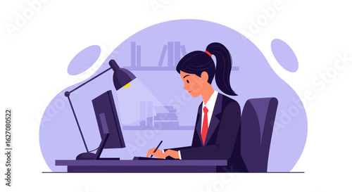 Focused young businesswoman working diligently at her desk with a computer and lamp, symbolizing productivity, online learning, or remote work.