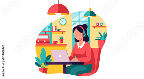 Woman with headphones working remotely on a laptop, embodying productivity and focus in a vibrant modern home office or co-working space. Ideal for business, lifestyle, and technology concepts.