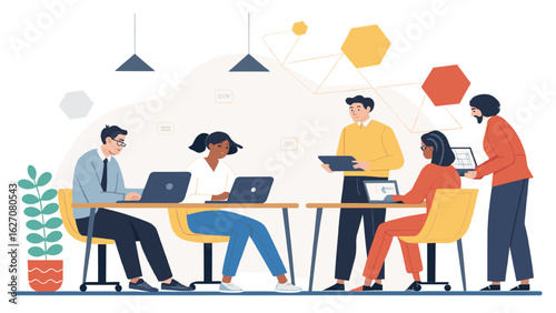 Diverse team collaborating in a modern office, utilizing technology for business development and innovation. Ideal for themes of teamwork, digital solutions, and corporate productivity.