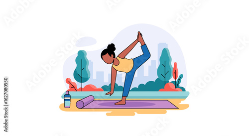 Illustration of a woman doing yoga in a park, promoting active lifestyle, fitness, and well-being in an urban outdoor setting.