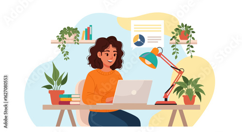 Smiling woman works on laptop in a comfortable, bright home office with plants. Ideal for remote work, online education, or freelance business concepts.
