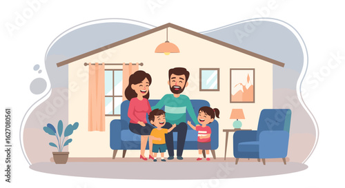 Happy family of four enjoying quality time together in their cozy living room at home. Depicts domestic bliss, security, and childhood joy.