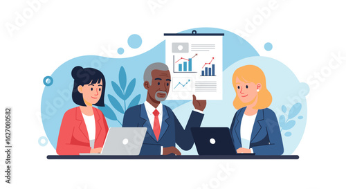 Diverse business team collaborating in a meeting, analyzing charts and discussing strategy. Ideal for corporate growth, teamwork, and financial concepts.