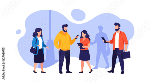 Diverse group of professionals collaborating and networking using digital devices. Ideal for business, communication, and technology concepts.