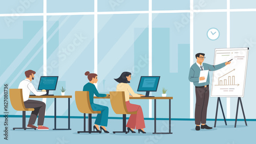 A business professional presents growth data on a whiteboard to colleagues working on computers in a modern office, depicting training or collaboration.