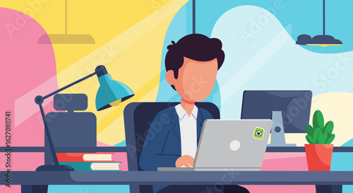 Professional man working remotely on laptop in a modern, vibrant office setting. Ideal for themes of business, technology, education, and digital work.