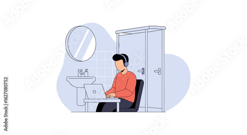 Person working on a laptop with headphones in an unconventional setting, representing flexible remote work, online learning, or a digital nomad lifestyle.