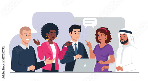 Diverse business team collaborating in a dynamic meeting, exchanging ideas and planning strategies. Represents global partnership and effective communication.