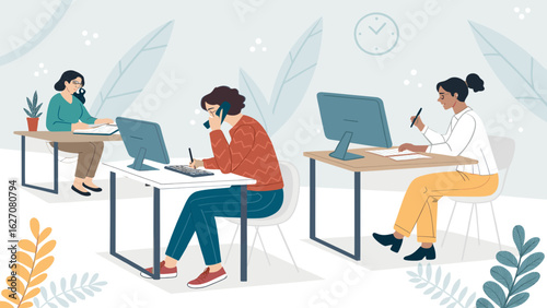 Three professional women actively working at their desks in a modern, collaborative office environment. Ideal for business, productivity, and teamwork concepts.