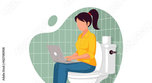 A woman works on her laptop while sitting on a toilet, illustrating remote work, multitasking, and productivity in unconventional home settings.