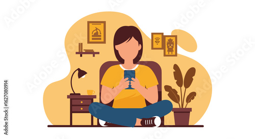 Person relaxed at home, engaged with a smartphone. Represents digital communication, online connectivity, remote work, or leisure. Ideal for technology and lifestyle themes.