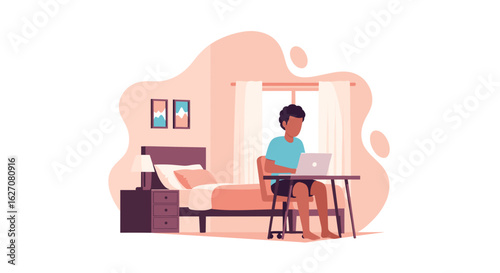 Person working on laptop at desk in a cozy bedroom. Illustrates remote work, online education, or home-based business productivity and comfort.
