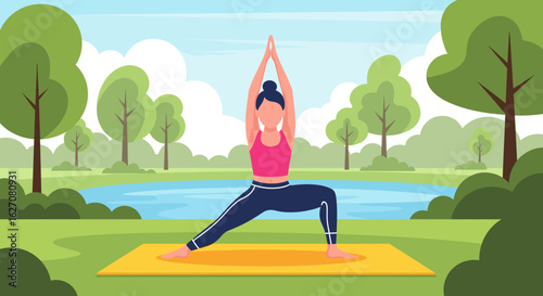 Woman performing a yoga pose on a mat in a serene park with trees and water, symbolizing health, mindfulness, and outdoor fitness.