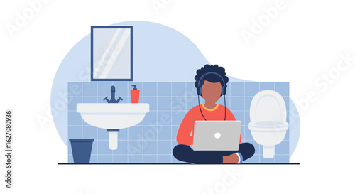 Person working remotely on laptop in a bathroom, wearing headphones. Illustrates flexible work, privacy, or finding quiet space at home.