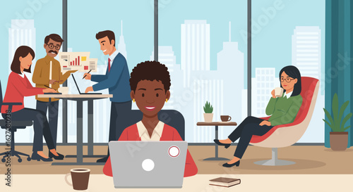 Diverse business professionals collaborate and work efficiently in a modern office with city views, symbolizing teamwork and success.