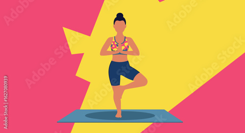 Minimalist illustration of a woman finding balance in a yoga tree pose on a mat, symbolizing wellness, fitness, and mindfulness for a healthy lifestyle.
