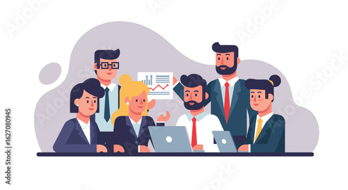 Business team actively collaborating and reviewing performance data during an important meeting, symbolizing corporate teamwork and progress.
