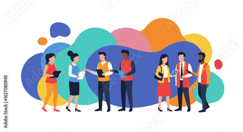 Diverse business professionals collaborating and discussing ideas, symbolizing teamwork, communication, and modern corporate environments. Ideal for HR, recruitment, and strategic planning.