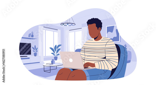 A person works comfortably on a laptop from their modern living room, representing remote work, online learning, and a relaxed home lifestyle.