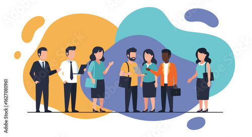 Diverse group of business professionals collaborating and communicating in a dynamic, modern workplace environment. Ideal for corporate concepts.