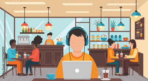 Focused person in headphones working on laptop at a vibrant cafe, surrounded by diverse customers enjoying drinks. Ideal for remote work, study, or social settings.