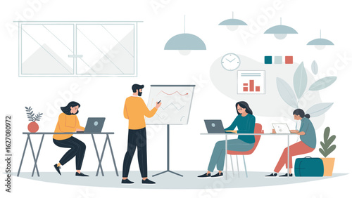 Diverse team collaborating in a modern office. A man presents data on a whiteboard while women work on laptops, depicting teamwork, productivity, and business growth.
