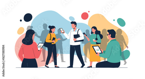 Diverse group of people using digital devices with graphs and charts, illustrating modern business communication and data exchange.