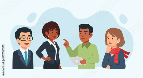 Professional business team collaborating, discussing ideas, and strategizing in a modern corporate setting. Represents teamwork and innovation.