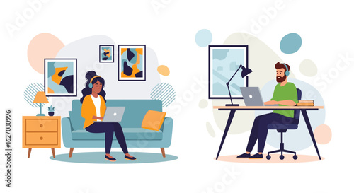 Professional man and woman working remotely from home offices, using laptops and headphones. Illustrates modern work flexibility, productivity, and online communication.