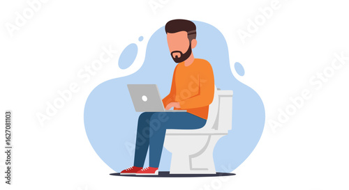 Man working remotely on laptop while sitting on a toilet, illustrating modern work habits, multitasking, and informal office setup at home.