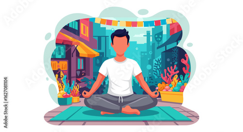 A man meditates peacefully in a vibrant, stylized urban setting, finding inner calm amidst the city's energy. Represents mindfulness, wellness, and stress relief for modern lifestyle.