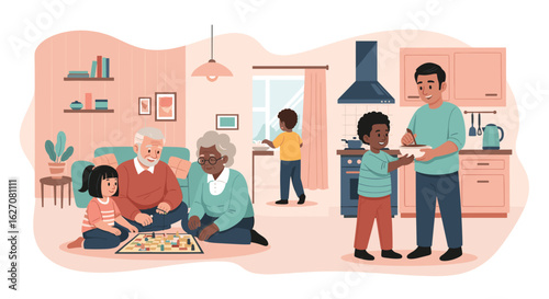 Happy multi-generational family bonding at home. Grandparents and child play a board game, while father and son cook in the kitchen, depicting togetherness and domestic joy.