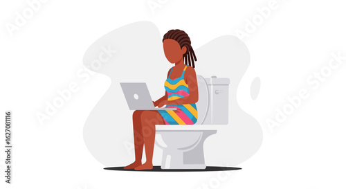 African-American woman working remotely on laptop while sitting on toilet, illustrating extreme multitasking or blurred work-life boundaries in a modern digital lifestyle.