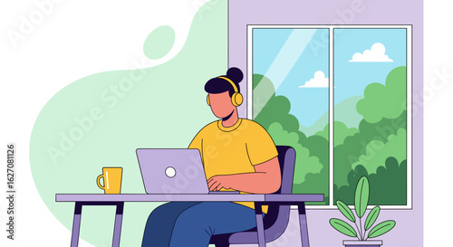 Person with headphones focused on laptop, working remotely from a comfortable home office by a window. Ideal for business, productivity, and modern lifestyle concepts.