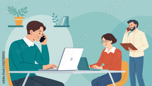 Diverse team working on laptops and phones in a bright, modern office setting. Depicts busy remote work, communication, and collaboration for business success.